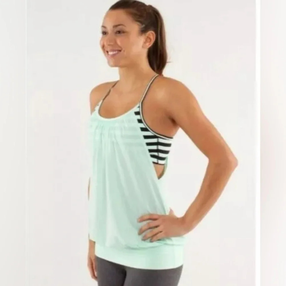 LULULEMON No Limits Striped Mint Green Running Tank Top Size 6